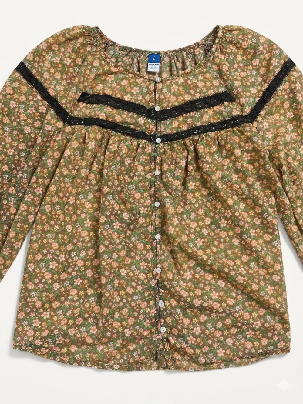 Old Navy Boho Peasant Prairie Cottagecore Floral Lace Trim Blouse Top 70’s Style
